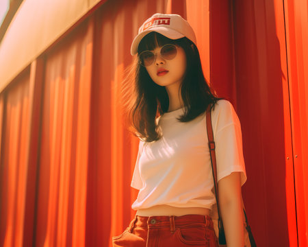 an asian woman wearing sunglasses and a hat standing in front of a red wallの素材