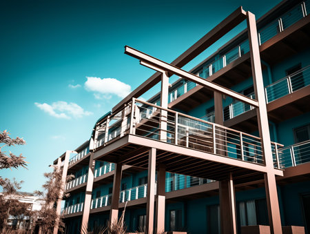 an apartment building with a balcony and a balcony railingの素材