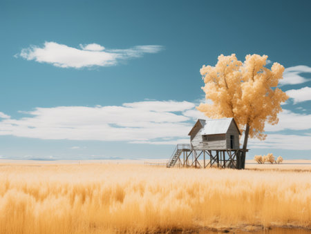 an infrared image of a tree and a house in the middle of a fieldの素材