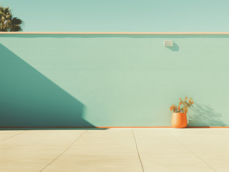 an empty room with a green wall and a potted plantの素材