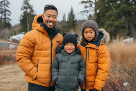 an asian man and two children wearing winter jacketsの素材