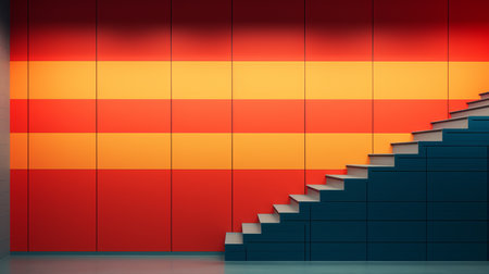 an empty room with stairs leading up to an orange and yellow striped wallの素材