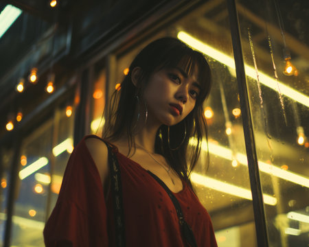an asian woman standing in front of a window at nightの素材