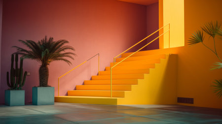 an empty room with yellow walls stairs and potted plantsの素材