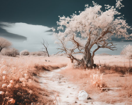 an infrared image of a tree in the middle of a fieldの素材