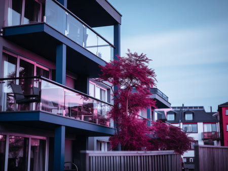 an apartment building with a tree in front of itの素材
