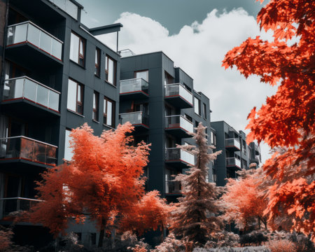 an apartment building with red leaves on the treesの素材
