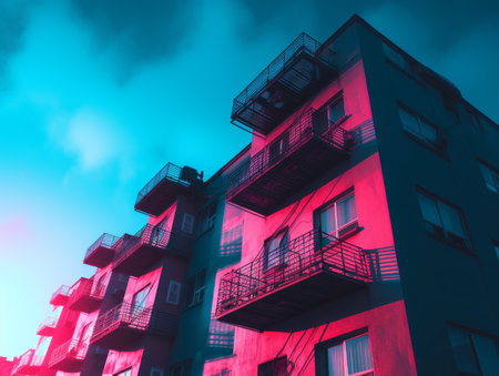 an image of an apartment building with pink and blue lightsの素材