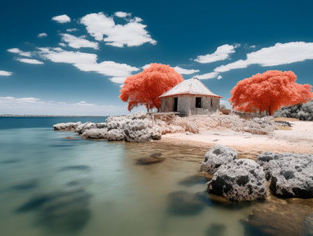 an infrared image of a small house on the shore of a body of waterの素材