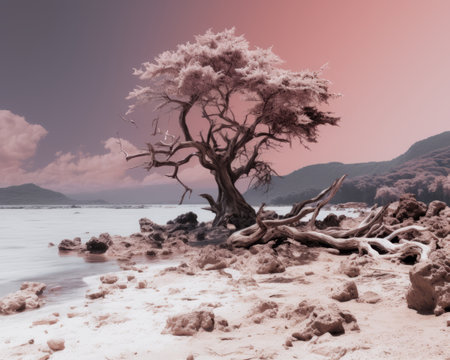 an infrared image of a tree on the beachの素材