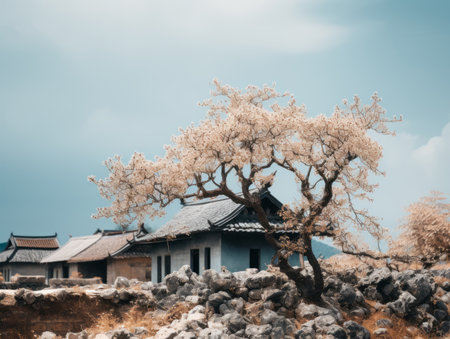 an old chinese house with a tree in front of itの素材