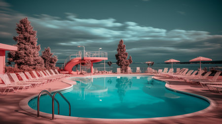 an infrared image of a pool with lounge chairs and umbrellasの素材