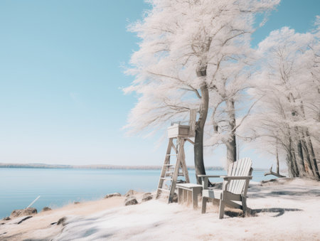 an infrared image of a chair sitting on the shore of a lakeの素材