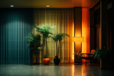 an empty room with a lamp and two potted plantsの素材