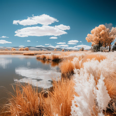 an infrared image of a river and grassesの素材
