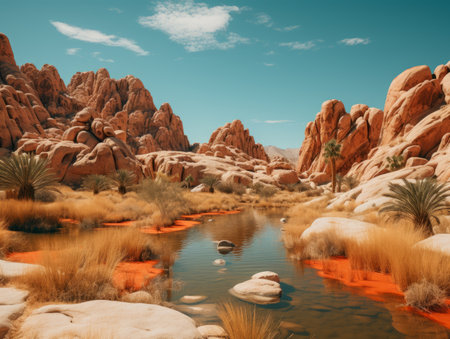 an image of a river in the desert with rocks and plantsの素材