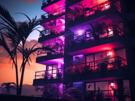 an apartment building with pink and purple lightsの素材