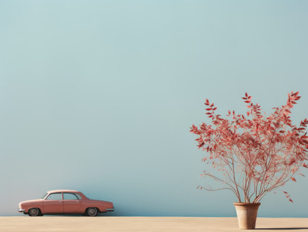 an old car is parked next to a potted plant in front of a blue wallの素材