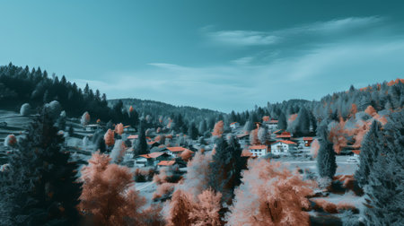 an infrared image of a village in the mountainsの素材