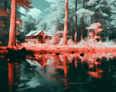 an infrared image of a cabin in the woodsの素材
