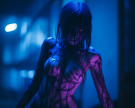 an image of a woman in the dark with glowing eyesの素材