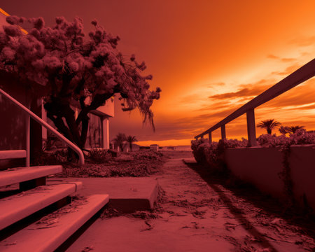 an infrared image of stairs leading to a house with a tree in the backgroundの素材