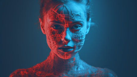 an image of a woman with red and blue lines on her faceの素材