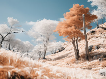 an infrared image of a hillside with treesの素材