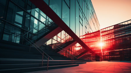 an image of an office building with the sun setting in the backgroundの素材