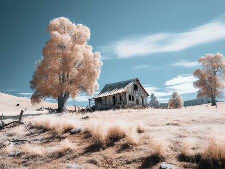 an infrared image of an old house in the middle of a fieldの素材