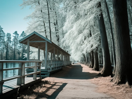 an infrared image of a wooden walkway next to a lakeの素材