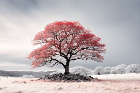 an infrared image of a red tree in the middle of a fieldの素材