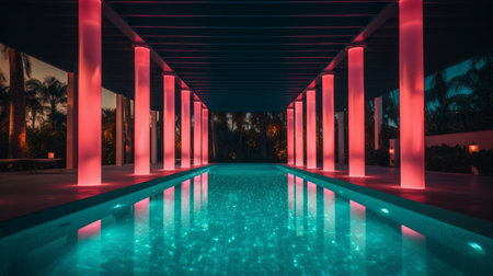 an indoor swimming pool at night with neon lightsの素材