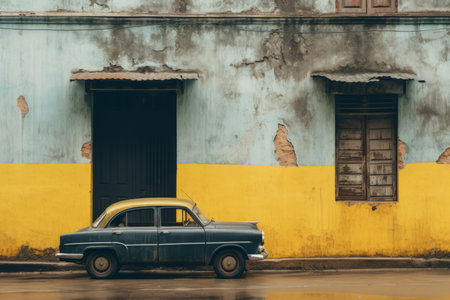 an old car is parked in front of a yellow and blue buildingの素材