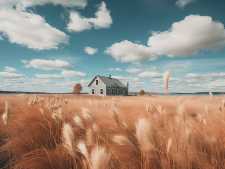 an old house sits in the middle of a fieldの素材