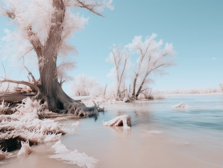 an infrared image of a river and treesの素材