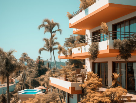 an orange and white apartment building with palm treesの素材