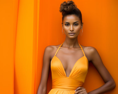 beautiful african american woman in an orange dressの素材