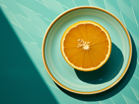 an orange slice on a plate on a turquoise backgroundの素材