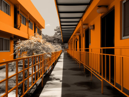 an orange building with a walkway and railingsの素材