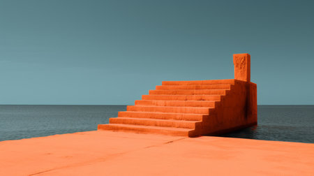 an orange stairway in the middle of the oceanの素材