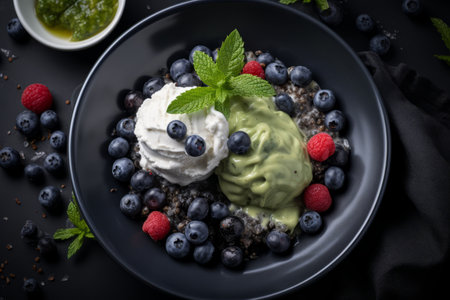 avocado ice cream with berries and mint on black backgroundの素材