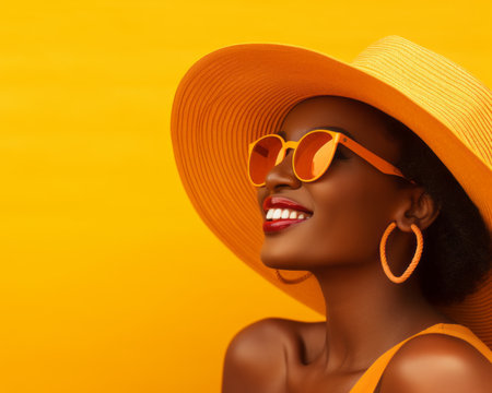 beautiful african american woman wearing hat and sunglasses on yellow backgroundの素材