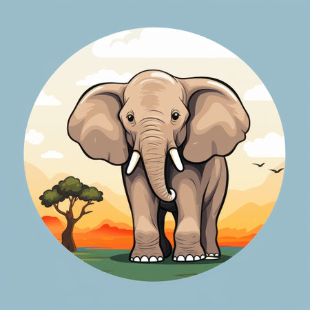 a cartoon elephant standing in front of a treeの素材