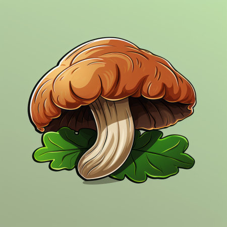 a cartoon mushroom with leaves on a green backgroundの素材