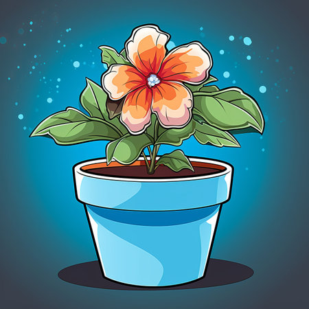 a cartoon flower in a pot on a dark backgroundの素材