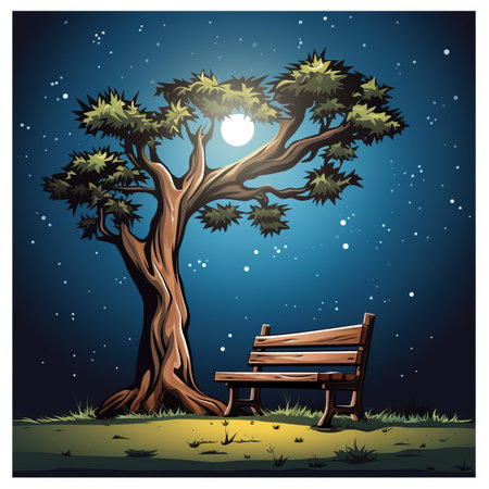a wooden bench under a tree at night with a full moonの素材