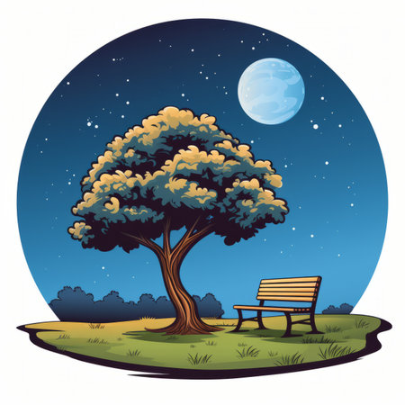 an illustration of a bench under a tree at night with the moon in the backgroundの素材