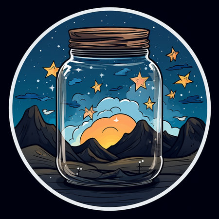 an illustration of a jar with stars and mountainsの素材