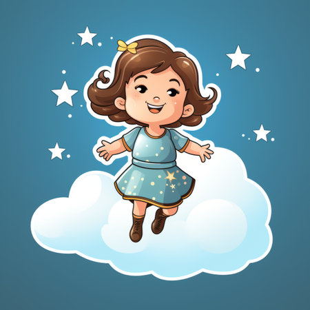 cartoon girl flying on cloud with starsの素材